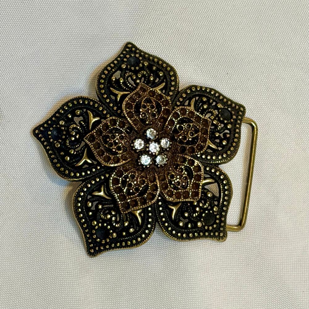 Vintage Floral Flower Belt Buckle Antique Brass Filigree Rhinestone Western Boho